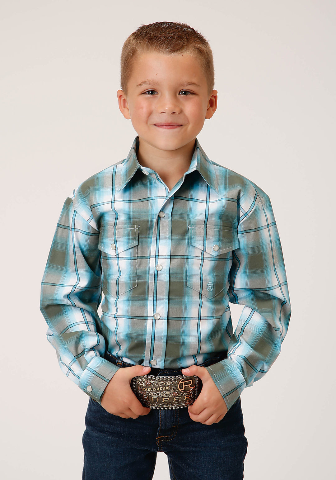 BOYS LONG SLEEVE SNAP MEADOW PLAID WESTERN SHIRT