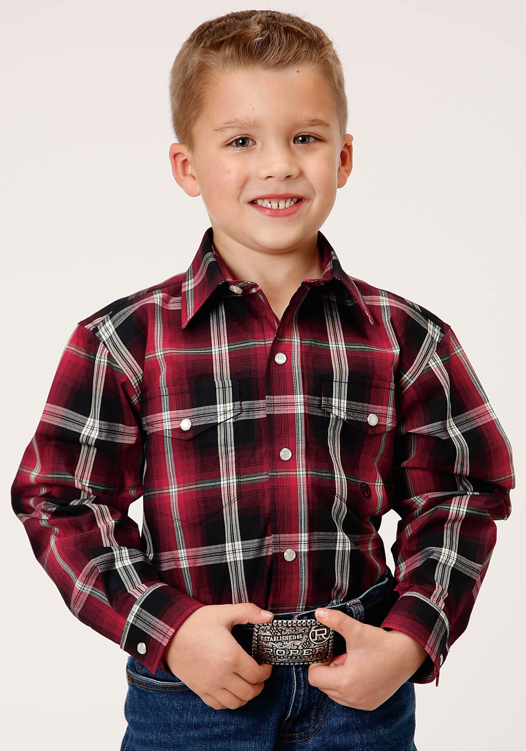 BOYS LONG SLEEVE SNAP SADDLE PLAID WESTERN SHIRT