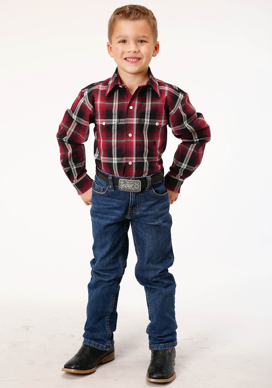 BOYS LONG SLEEVE SNAP SADDLE PLAID WESTERN SHIRT