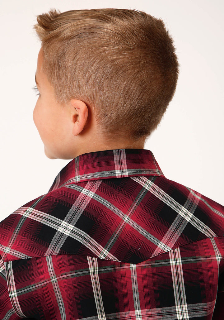 BOYS LONG SLEEVE SNAP SADDLE PLAID WESTERN SHIRT