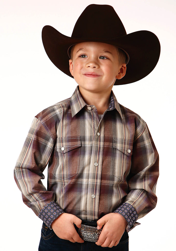 BOYS LONG SLEEVE SNAP CIDER PLAID WESTERN SHIRT