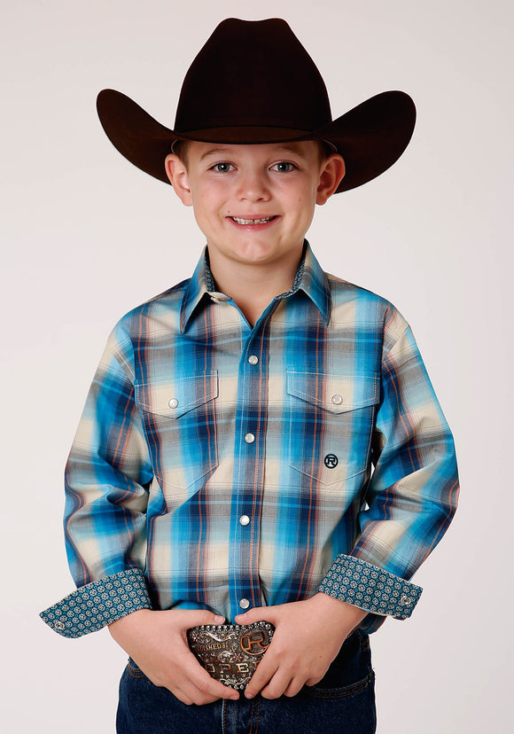 BOYS LONG SLEEVE SNAP SUNSET PLAID WESTERN SHIRT