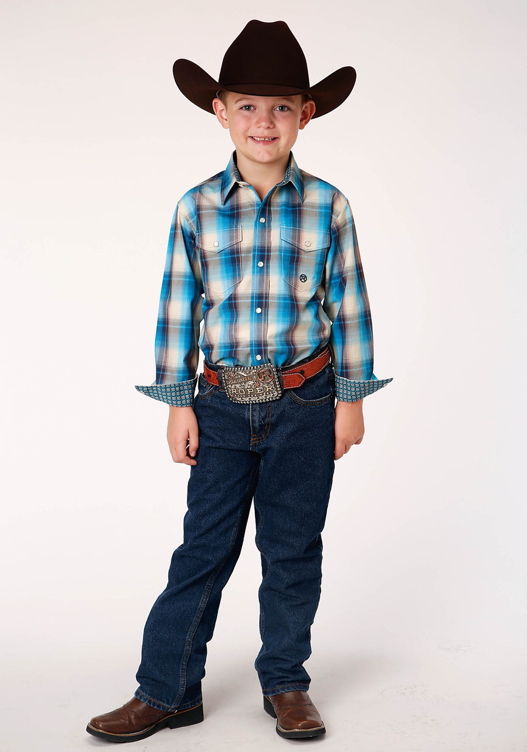 BOYS LONG SLEEVE SNAP SUNSET PLAID WESTERN SHIRT