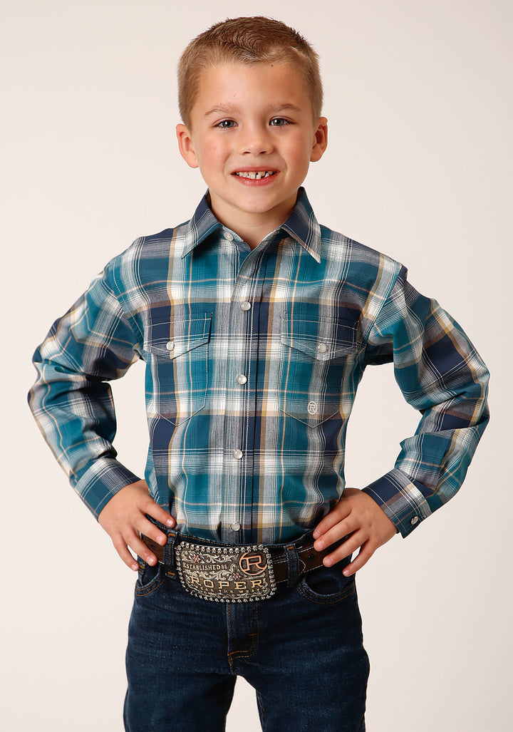 BOYS LONG SLEEVE SNAP BLUEBERRY PLAID WESTERN SHIRT