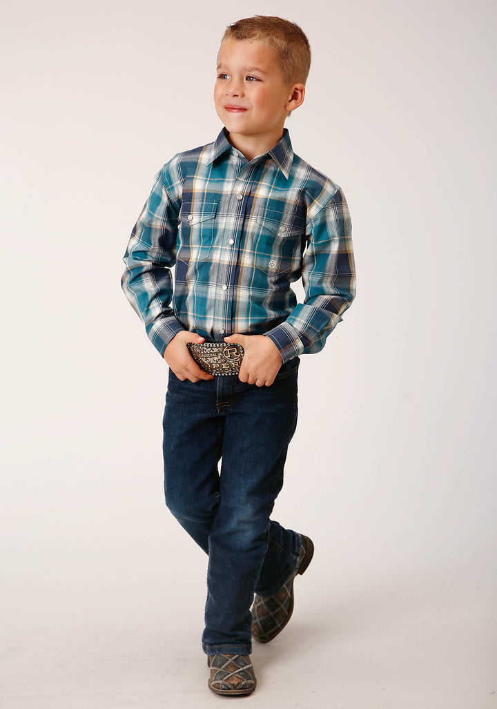 BOYS LONG SLEEVE SNAP BLUEBERRY PLAID WESTERN SHIRT