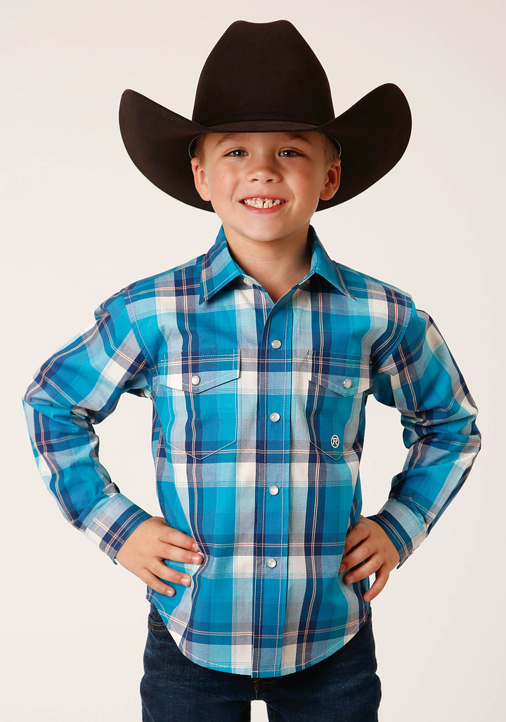 BOYS LONG SLEEVE SNAP BLUE MOON PLAID WESTERN SHIRT