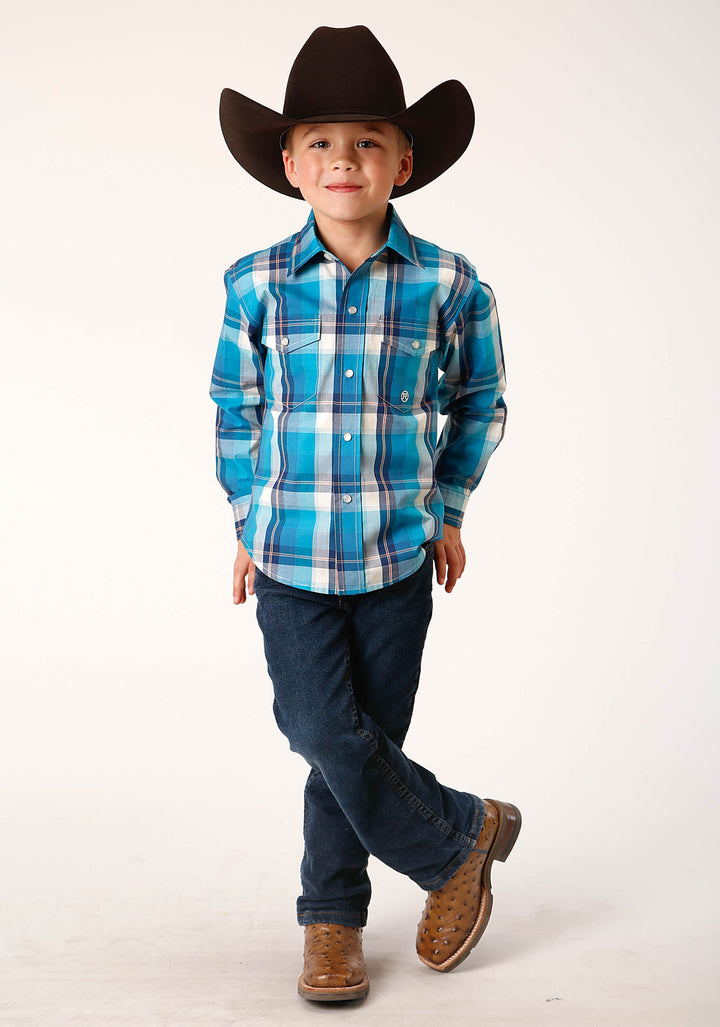BOYS LONG SLEEVE SNAP BLUE MOON PLAID WESTERN SHIRT