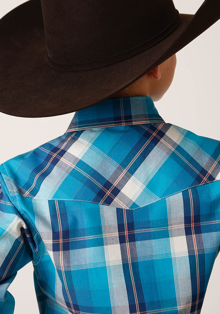 BOYS LONG SLEEVE SNAP BLUE MOON PLAID WESTERN SHIRT