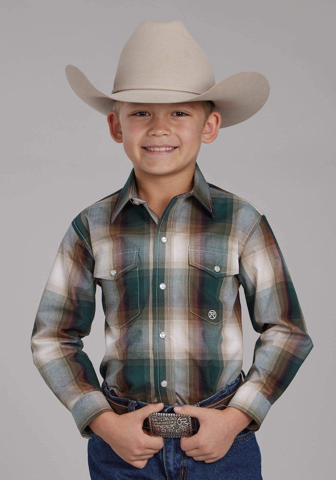 BOYS TALL TREE PLAID LONG SLEEVE SNAP WESTERN SHIRT