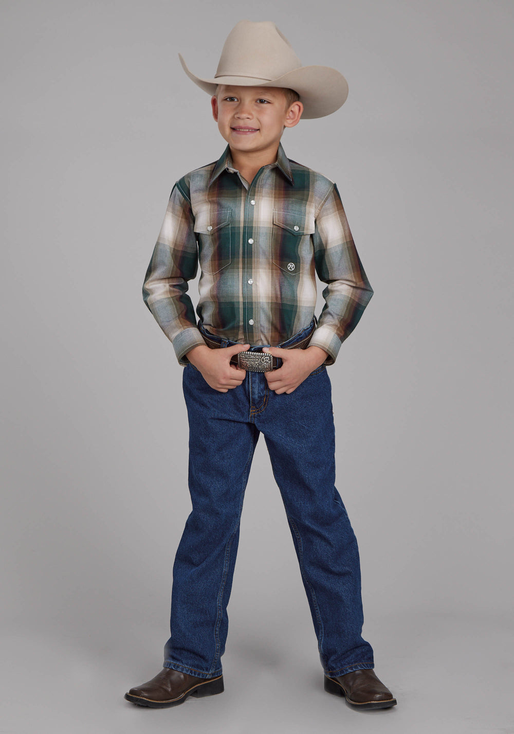 BOYS TALL TREE PLAID LONG SLEEVE SNAP WESTERN SHIRT