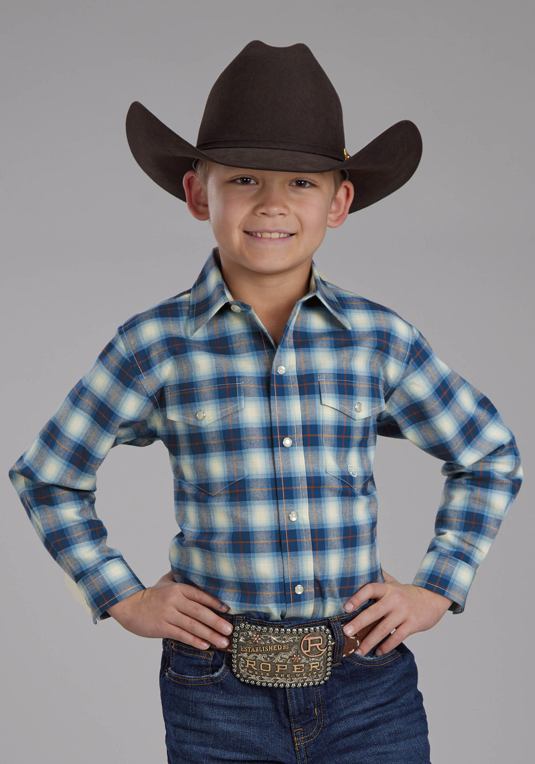 BOYS STRETCH PLAID - BLUE LONG SLEEVE SNAP WESTERN SHIRT