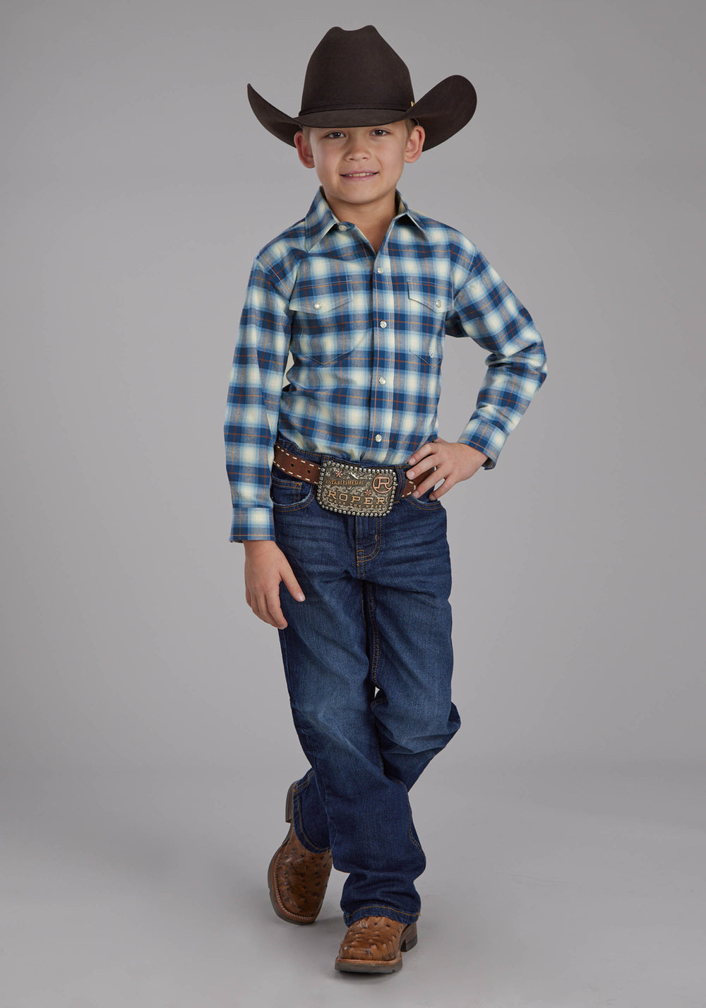 BOYS STRETCH PLAID - BLUE LONG SLEEVE SNAP WESTERN SHIRT