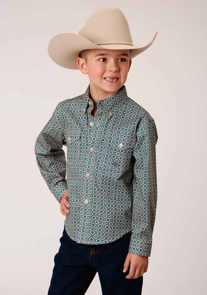 BOYS LONG SLEEVE BUTTON TEAL FOULARD WESTERN SHIRT
