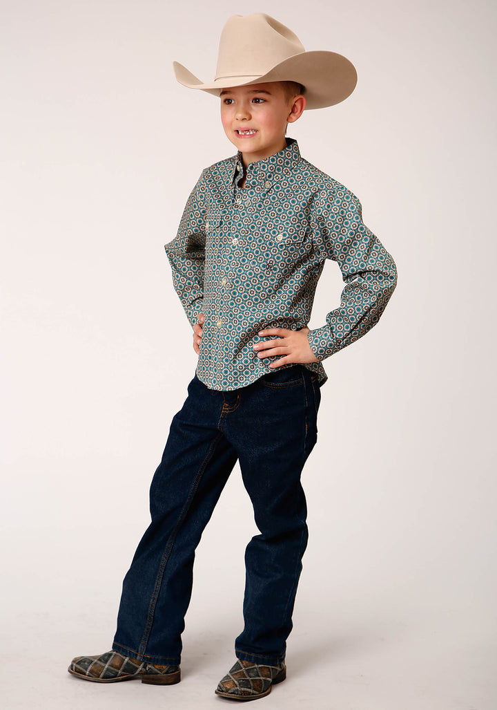 BOYS LONG SLEEVE BUTTON TEAL FOULARD WESTERN SHIRT