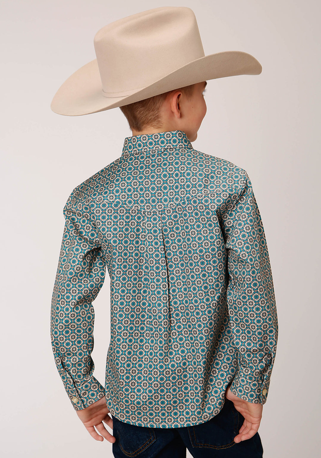 BOYS LONG SLEEVE BUTTON TEAL FOULARD WESTERN SHIRT
