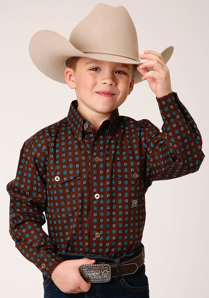 BOYS LONG SLEEVE BUTTON CHOCOLATE AGAVE FOULARD WESTERN SHIRT