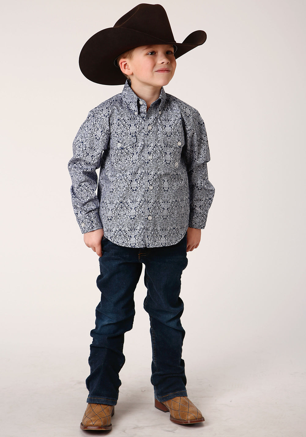 BOYS LONG SLEEVE BUTTON CRYSTAL MEDALLION WESTERN SHIRT