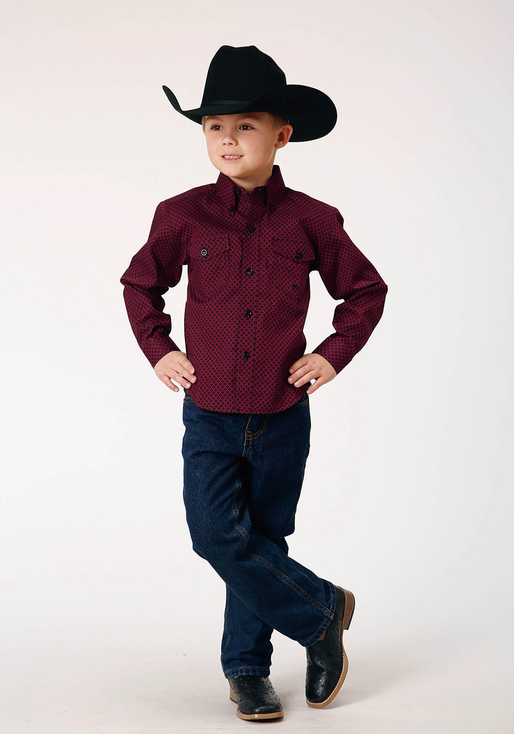 BOYS LONG SLEEVE BUTTON FOUR LEAF FOULARD WESTERN SHIRT
