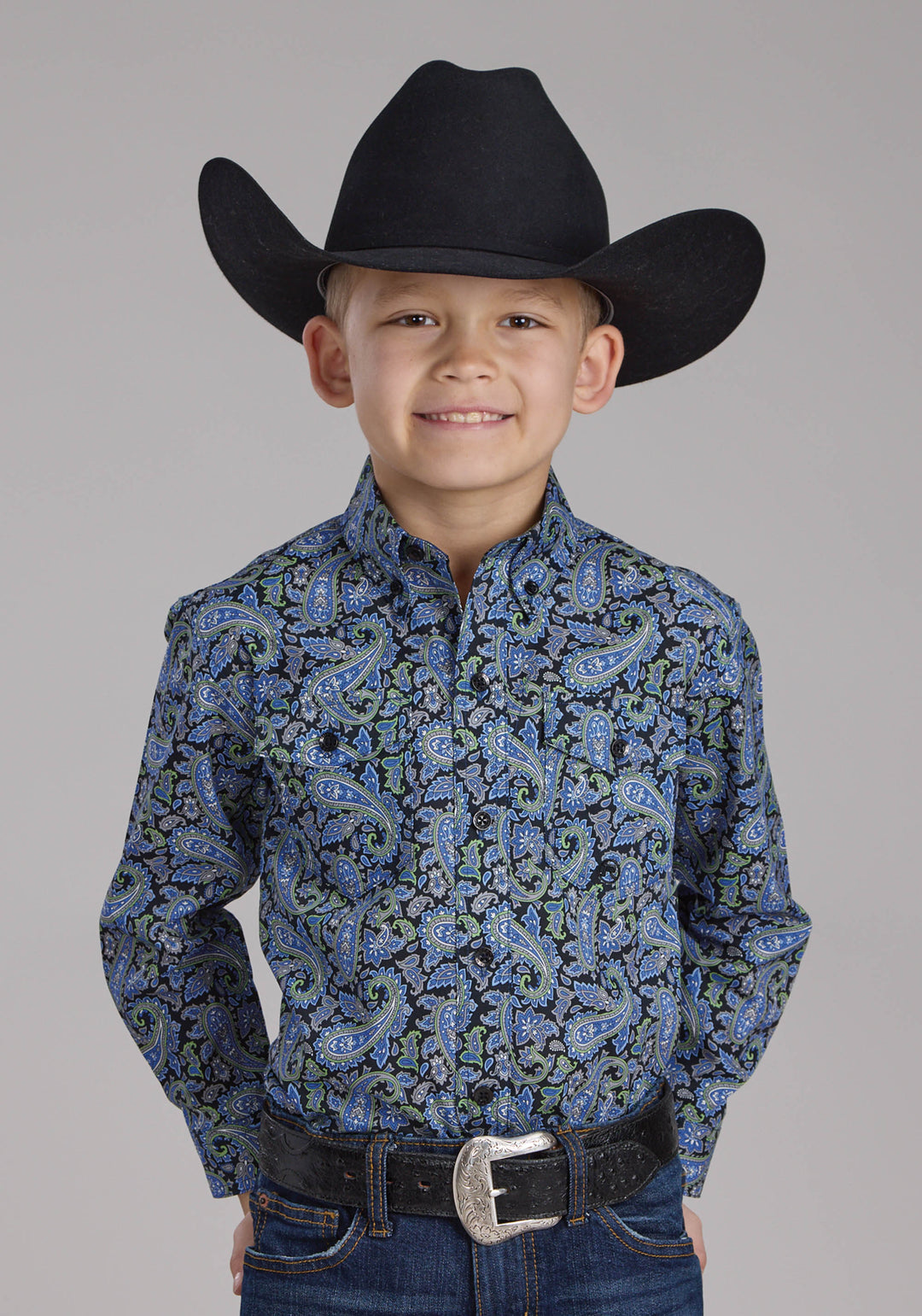 BOYS COBALT PAISLEY LONG SLEEVE BUTTON WESTERN SHIRT