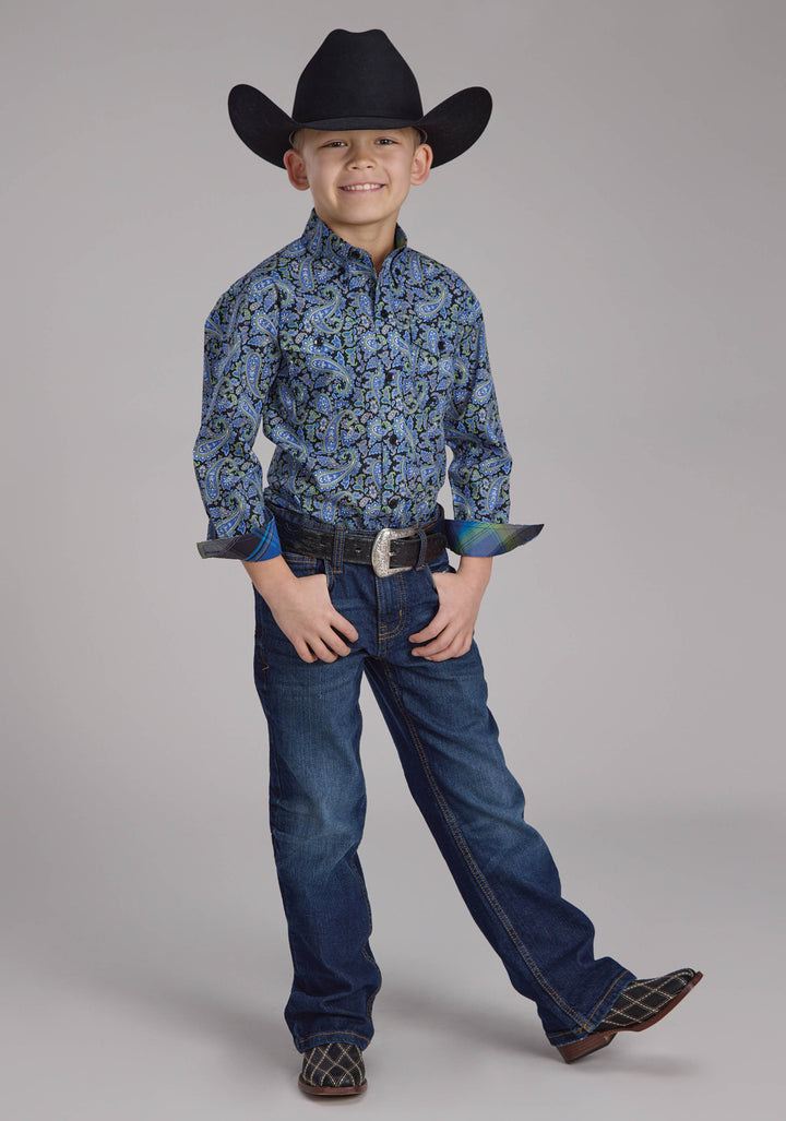 BOYS COBALT PAISLEY LONG SLEEVE BUTTON WESTERN SHIRT