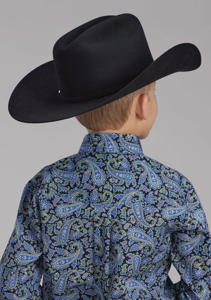 BOYS COBALT PAISLEY LONG SLEEVE BUTTON WESTERN SHIRT
