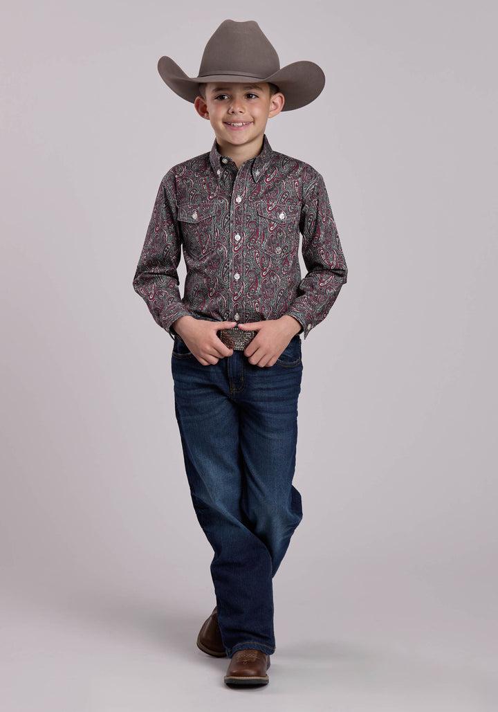 BOYS LONG SLEEVE BUTTON IRON PAISLEY WESTERN SHIRT