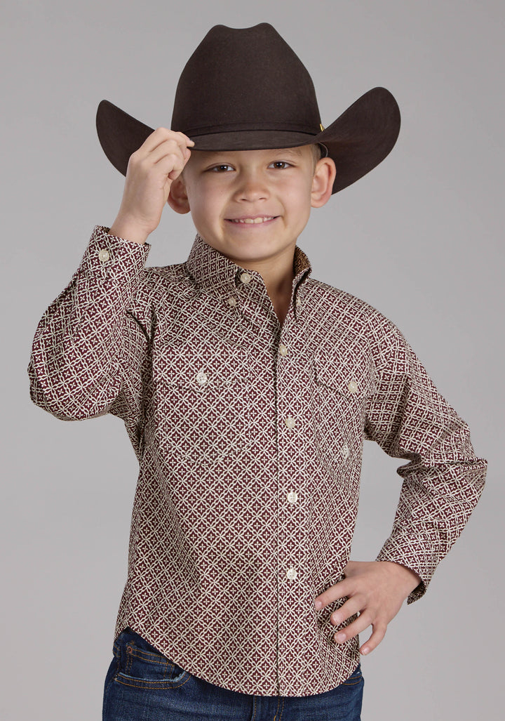 BOYS STRETCH FOUR POINT FOULARD - WINE LONG SLEEVE BUTTON WESTERN SHIRT