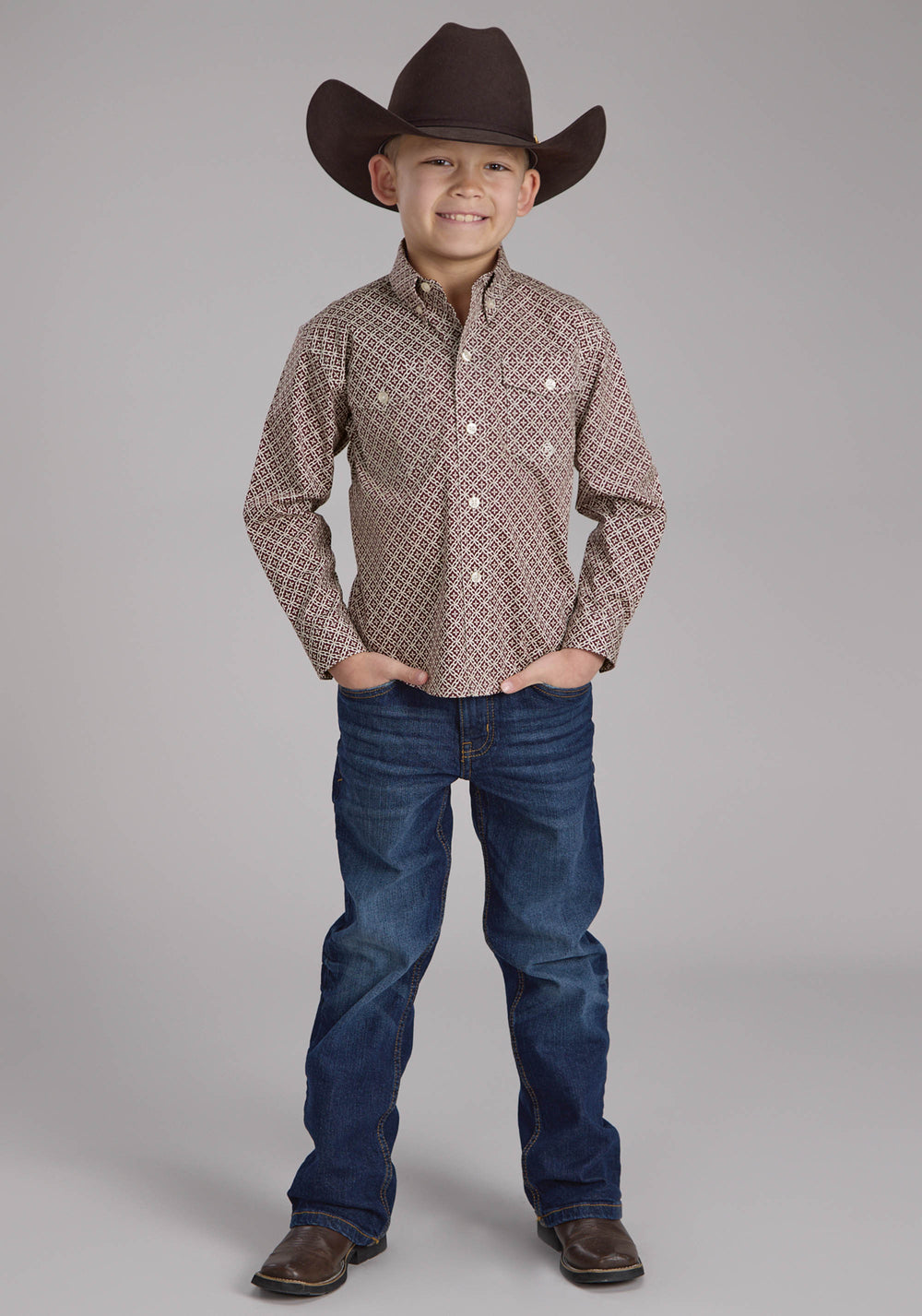 BOYS STRETCH FOUR POINT FOULARD - WINE LONG SLEEVE BUTTON WESTERN SHIRT
