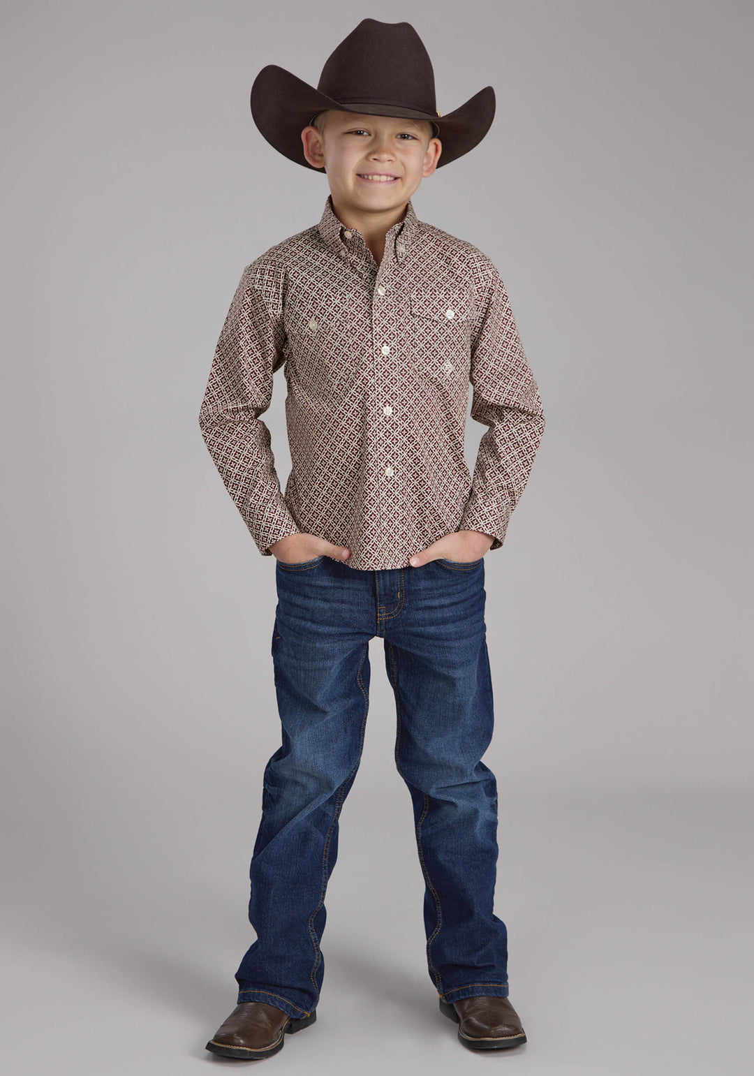 BOYS STRETCH FOUR POINT FOULARD - WINE LONG SLEEVE BUTTON WESTERN SHIRT