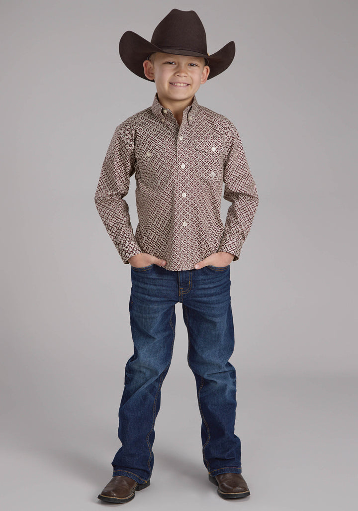 BOYS STRETCH FOUR POINT FOULARD - WINE LONG SLEEVE BUTTON WESTERN SHIRT
