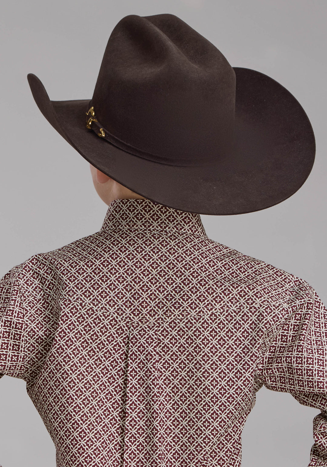 BOYS STRETCH FOUR POINT FOULARD - WINE LONG SLEEVE BUTTON WESTERN SHIRT