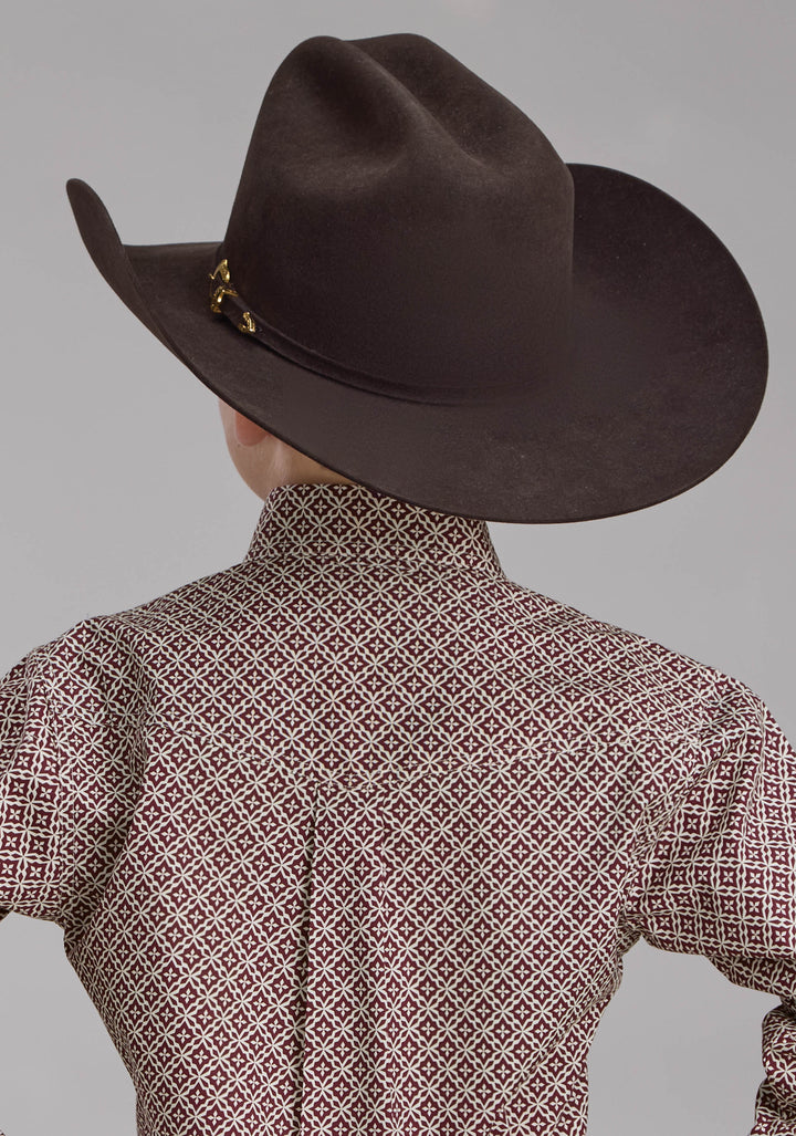 BOYS STRETCH FOUR POINT FOULARD - WINE LONG SLEEVE BUTTON WESTERN SHIRT