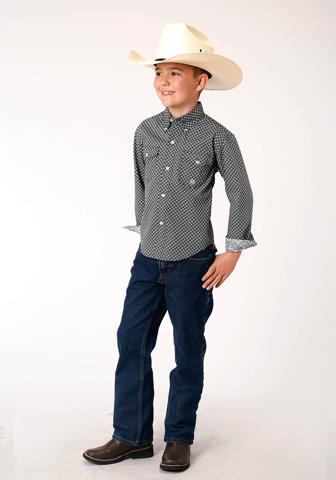 BOYS LONG SLEEVE BUTTON DIAMOND STAR GEO WESTERN SHIRT