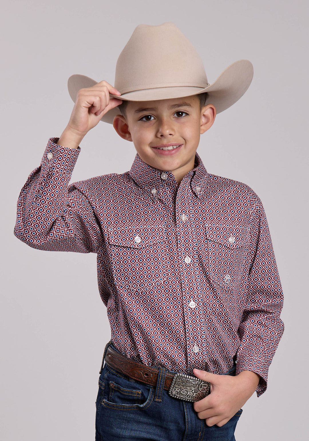 BOYS ROPER RED TILE FOULARD LONG SLEEVE BUTTON SHIRT