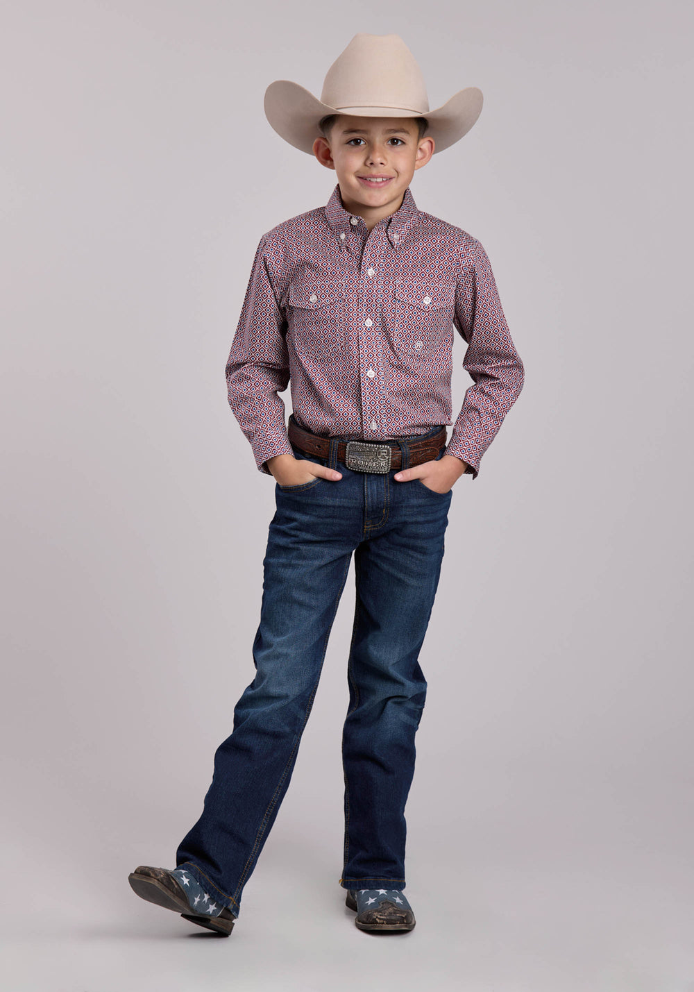 BOYS ROPER RED TILE FOULARD LONG SLEEVE BUTTON SHIRT