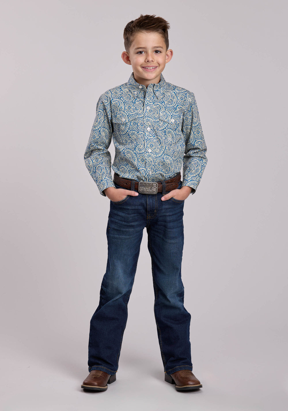 BOYS ROPER BLUE LINE PAISLEY LONG SLEEVE BUTTON SHIRT