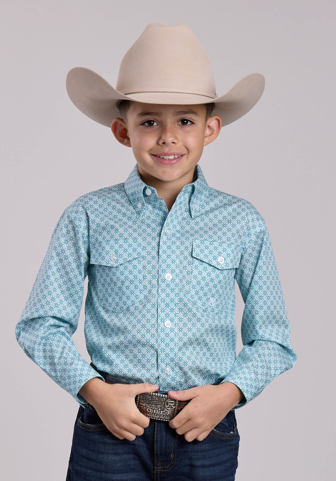 BOYS ROPER STRETCH FOUR POINT FOULARD TEAL LONG SLEEVE BUTTON SHIRT
