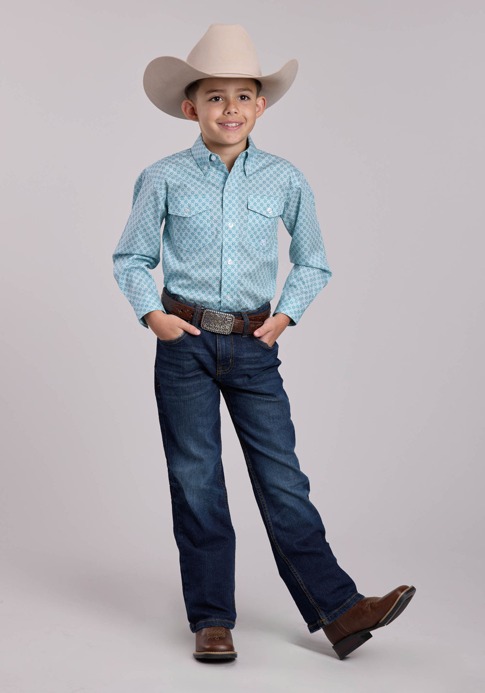 BOYS ROPER STRETCH FOUR POINT FOULARD TEAL LONG SLEEVE BUTTON SHIRT
