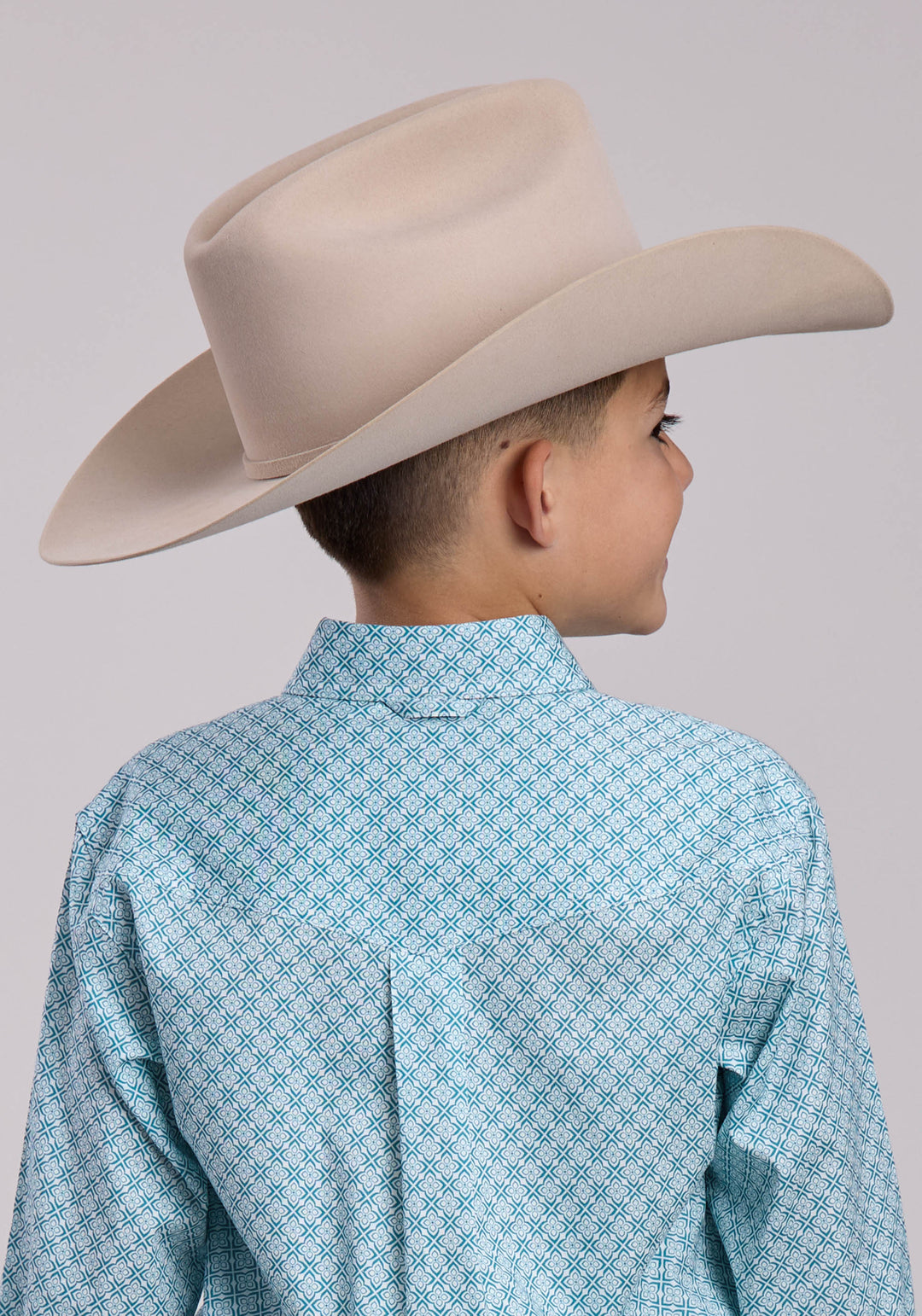 BOYS ROPER STRETCH FOUR POINT FOULARD TEAL LONG SLEEVE BUTTON SHIRT