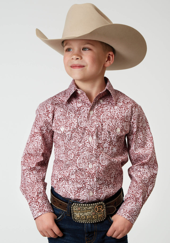 BOYS LONG SLEEVE BUTTON STRETCH POPLIN RED PAISLEY WESTERN SHIRT