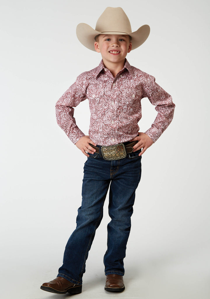 BOYS LONG SLEEVE BUTTON STRETCH POPLIN RED PAISLEY WESTERN SHIRT
