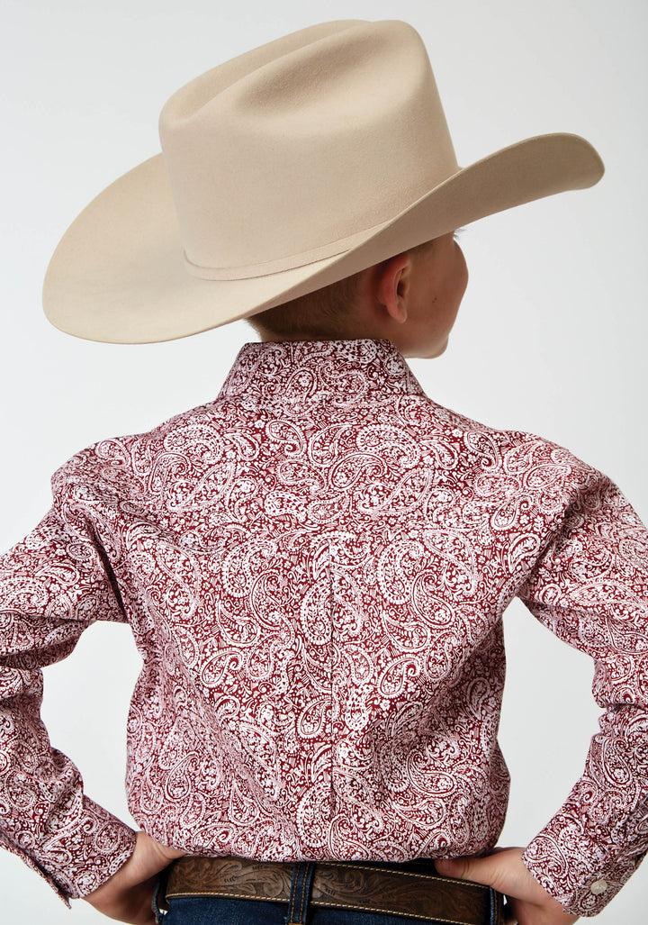 BOYS LONG SLEEVE BUTTON STRETCH POPLIN RED PAISLEY WESTERN SHIRT