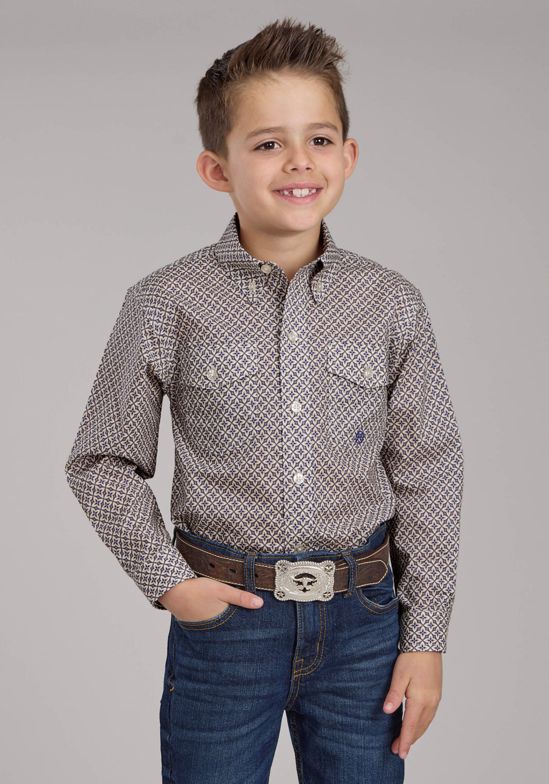 BOYS PINWHELL FOULDARD LONG SLEEVE BUTTON WESTERN SHIRT