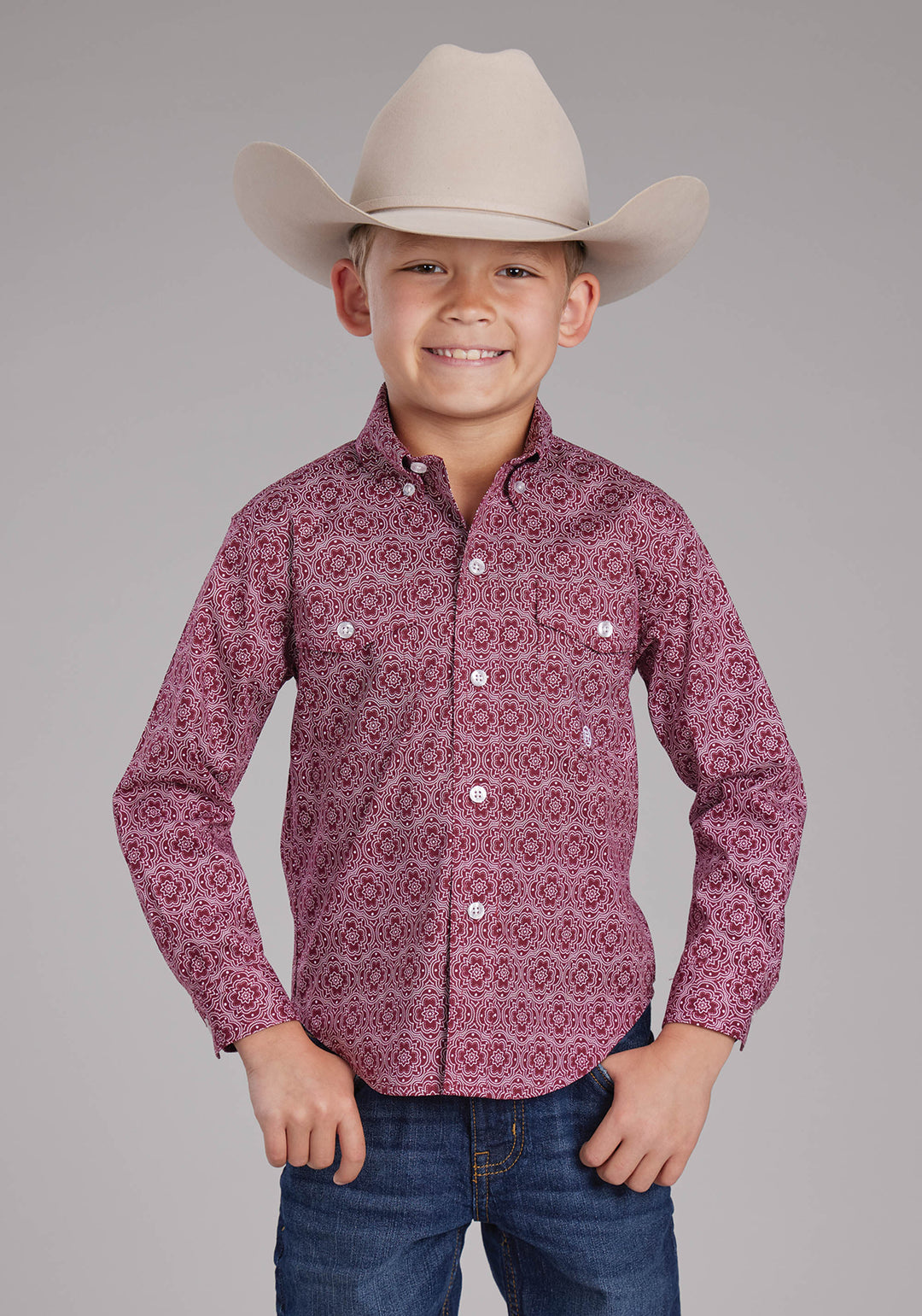 BOYS STRETCH MEDALLION PAISLEY - RED LONG SLEEVE BUTTON WESTERN SHIRT