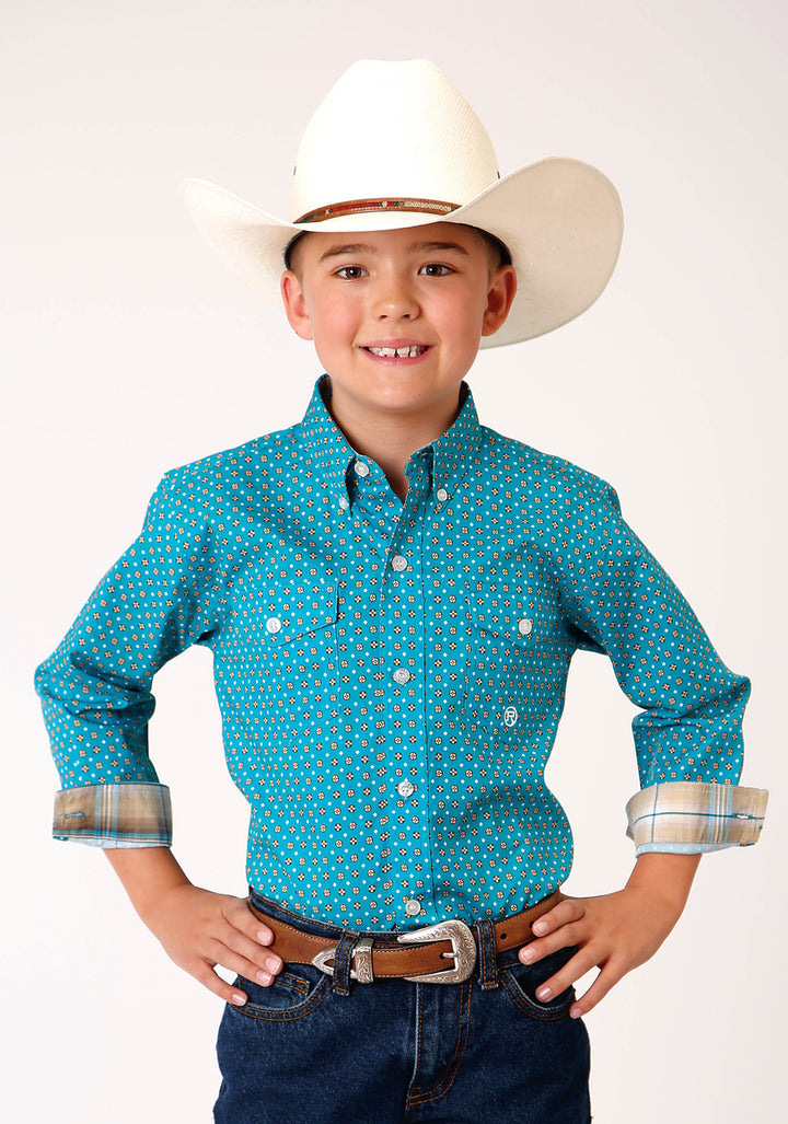 BOYS LONG SLEEVE BUTTON TURQUOISE FOULARD WESTERN SHIRT
