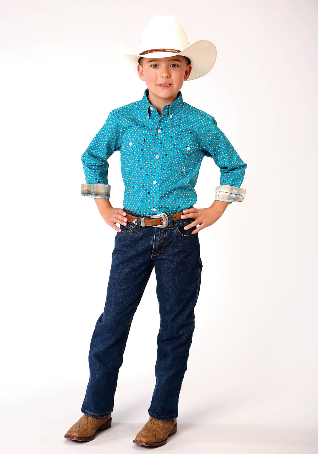 BOYS LONG SLEEVE BUTTON TURQUOISE FOULARD WESTERN SHIRT