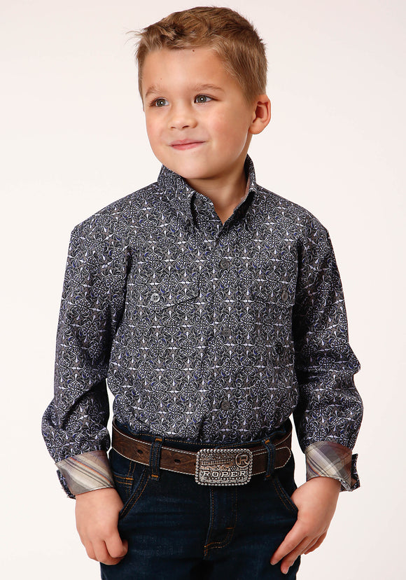 BOYS LONG SLEEVE BUTTON BAROQUE MEDALLION WESTERN SHIRT