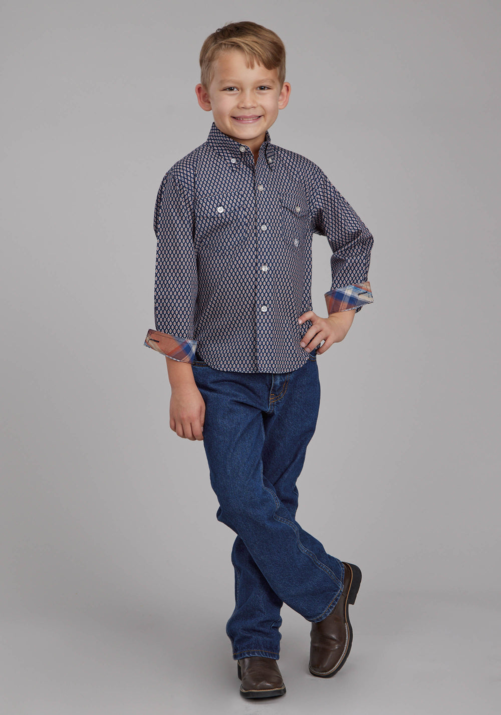 BOYS DIAMOND EYE GEO LONG SLEEVE BUTTON WESTERN SHIRT