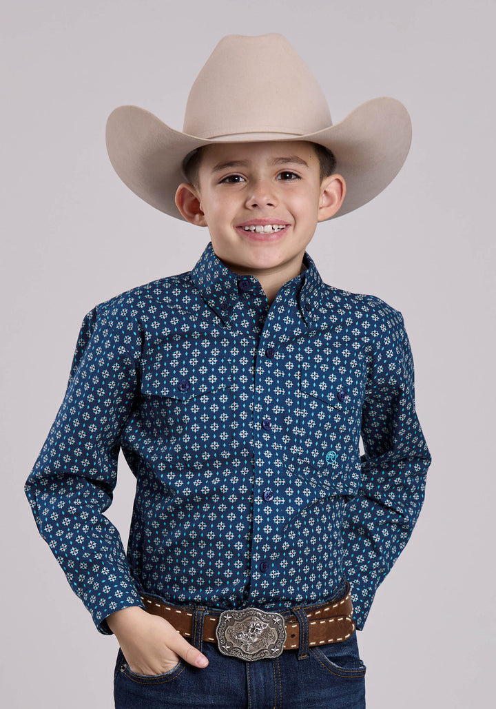 BOYS LONG SLEEVE BUTTON PINWHEEL FOULARD WESTERN SHIRT