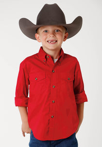 BOYS MENS RED SOLID LONG SLEEVE WESTERN BUTTON SHIRT